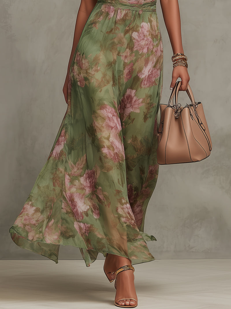 Hanna · Virágmintás zöld sifon maxi ruha halter nyakkal