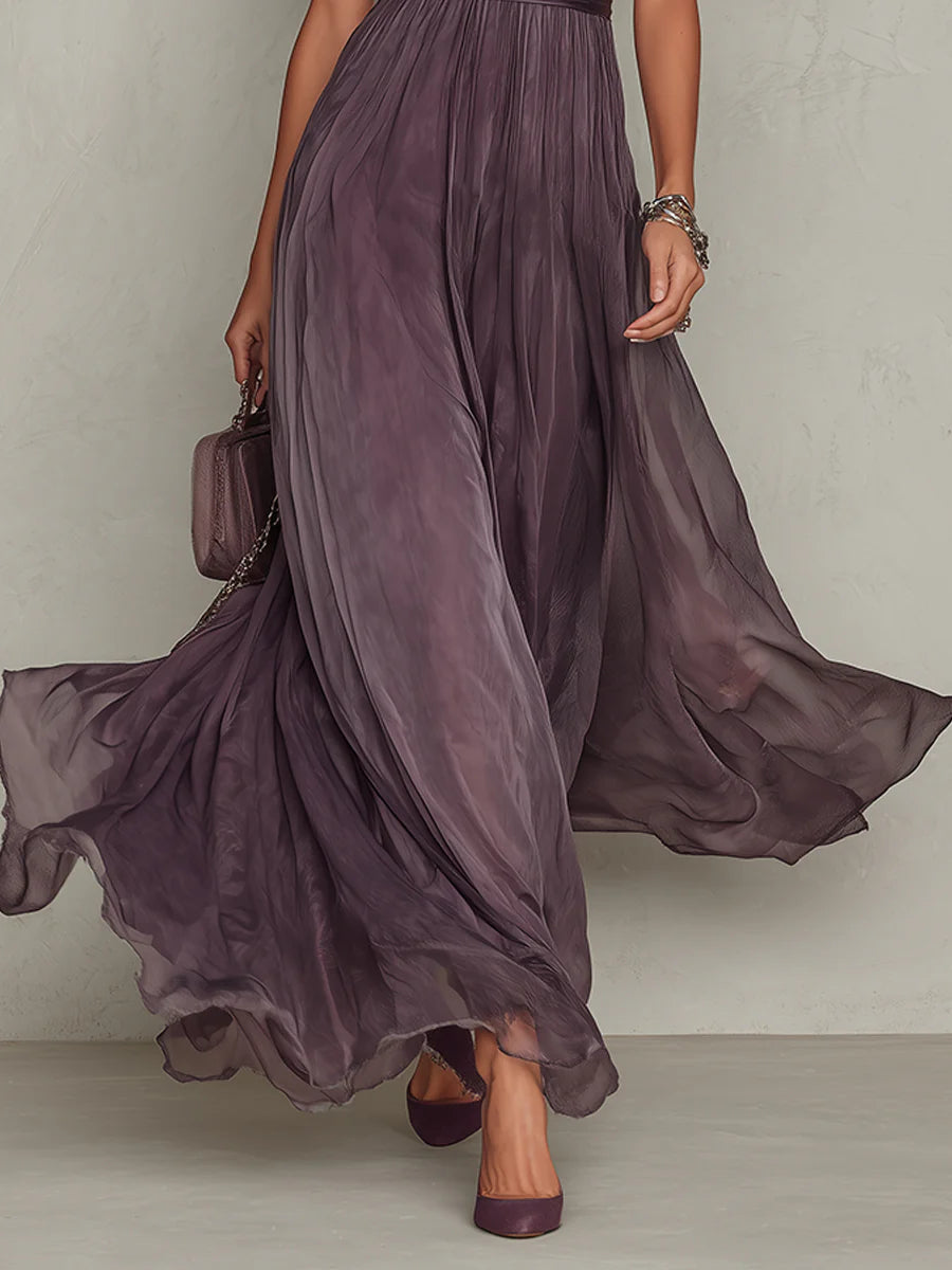 Fanni – Hosszú lila chiffon ruha csipkeszegéllyel