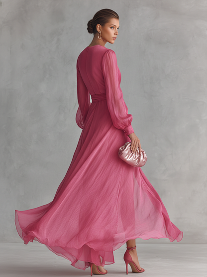 Elegáns rózsaszín gyöngyház chiffon hosszú női ruha V-nyakkal és derékövvel