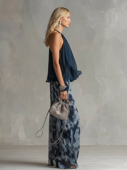 Lilla | elegáns sifon szett magas nyakú felsővel és mintás bő szárú nadrággal