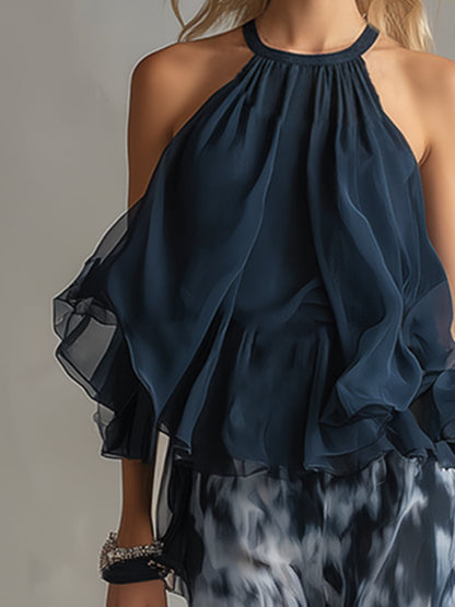 Lilla | elegáns sifon szett magas nyakú felsővel és mintás bő szárú nadrággal