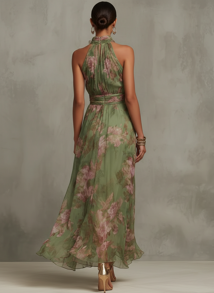 Hanna · Virágmintás zöld sifon maxi ruha halter nyakkal