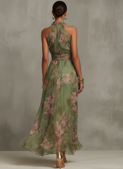 Hanna · Virágmintás zöld sifon maxi ruha halter nyakkal