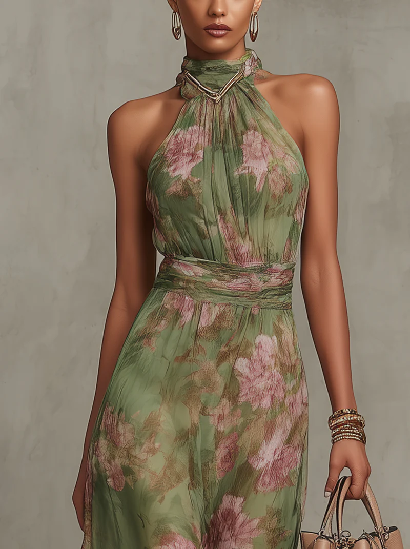 Hanna · Virágmintás zöld sifon maxi ruha halter nyakkal