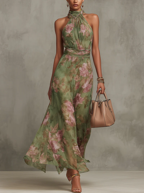 Hanna · Virágmintás zöld sifon maxi ruha halter nyakkal