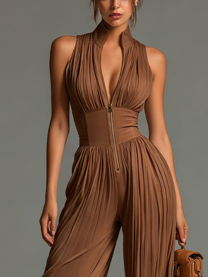 Zsófia Elegáns Jumpsuit · Karamelbarna plisszé sifon nadrágkosztüm