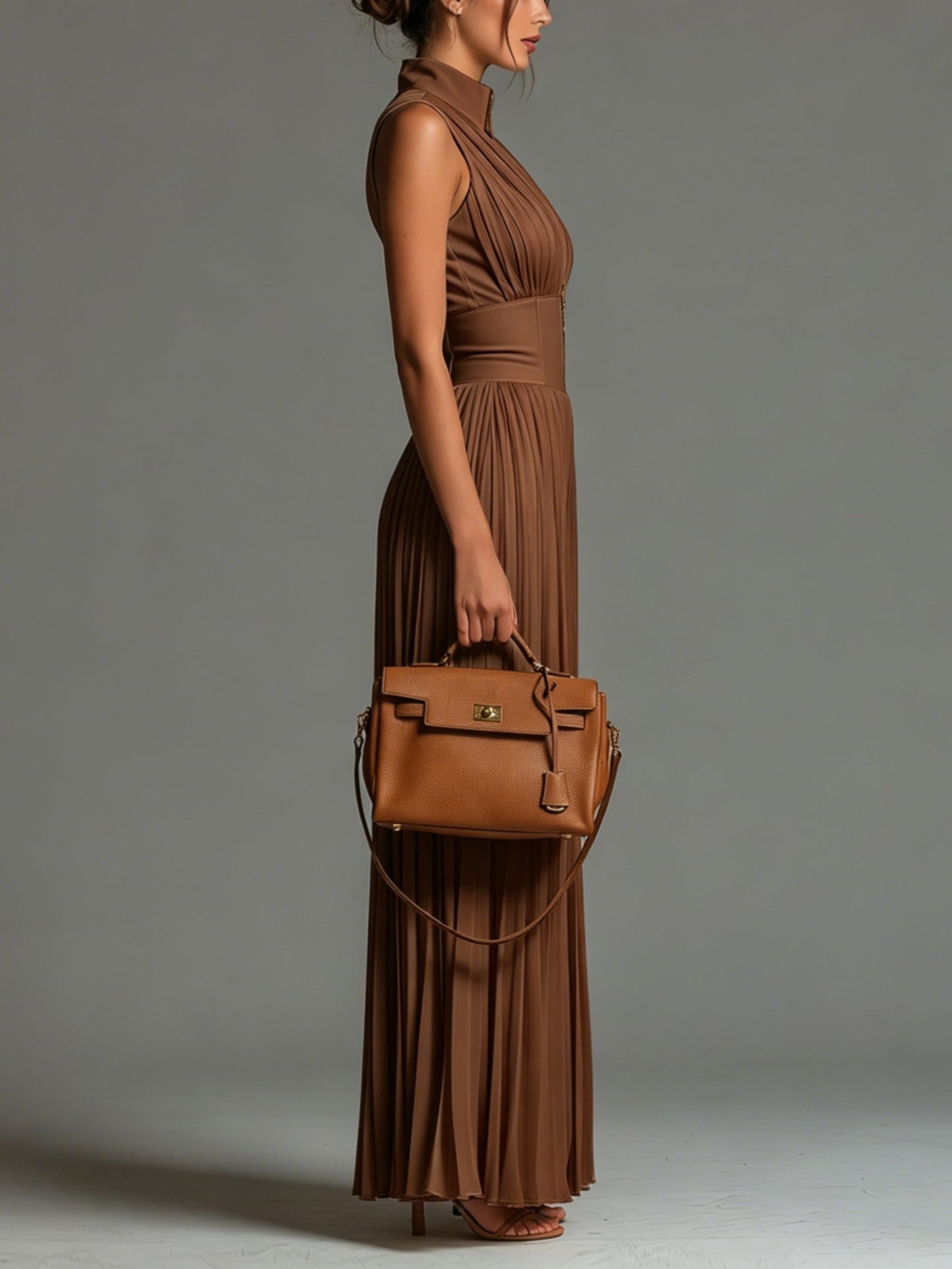 Zsófia Elegáns Jumpsuit · Karamelbarna plisszé sifon nadrágkosztüm