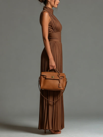 Zsófia Elegáns Jumpsuit · Karamelbarna plisszé sifon nadrágkosztüm
