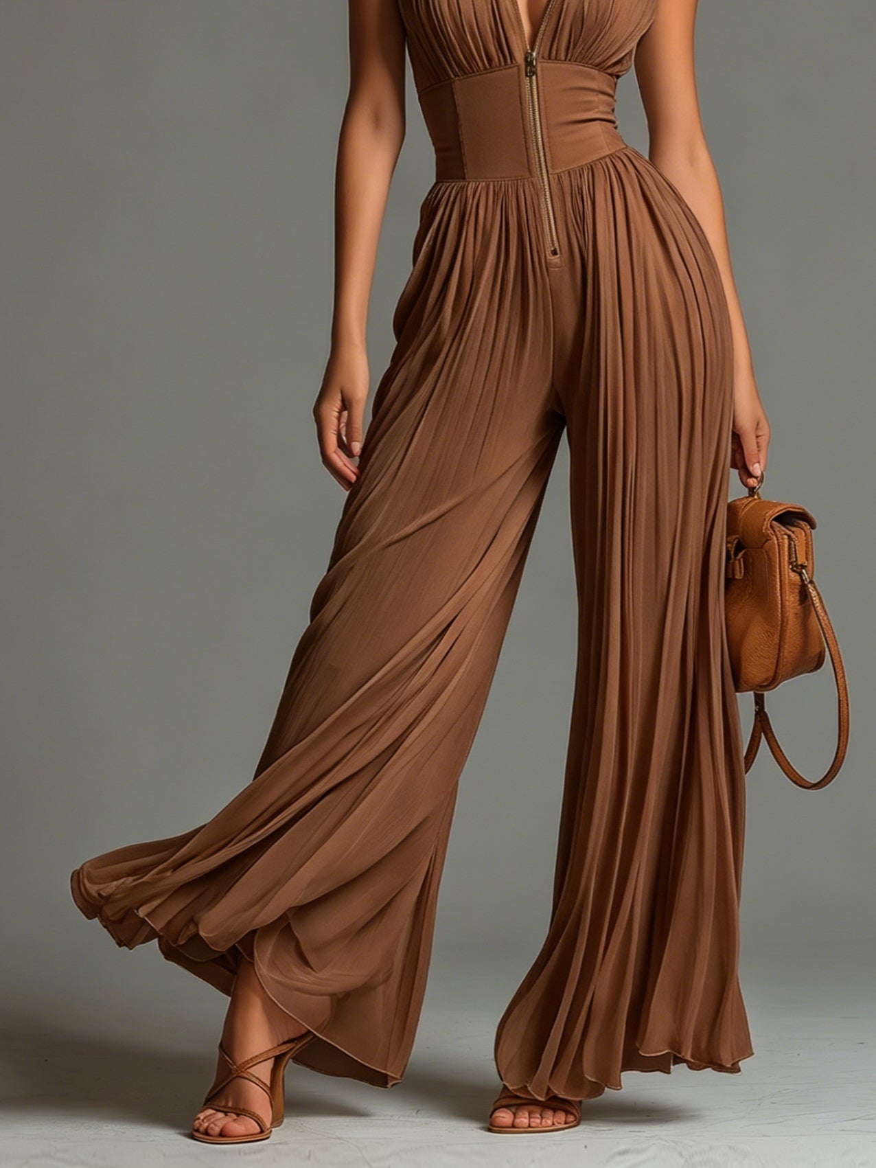 Zsófia Elegáns Jumpsuit · Karamelbarna plisszé sifon nadrágkosztüm