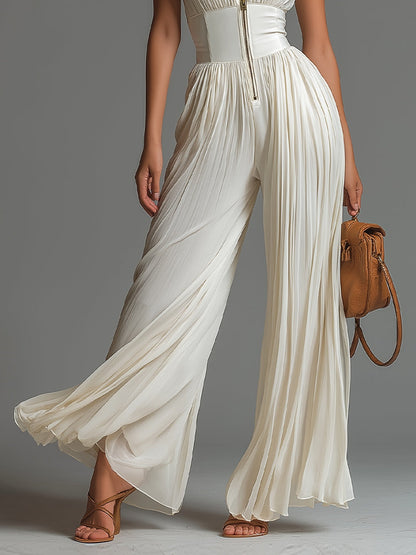 Zsófia Jumpsuit | Pliszírozott fehér sifon kezeslábas